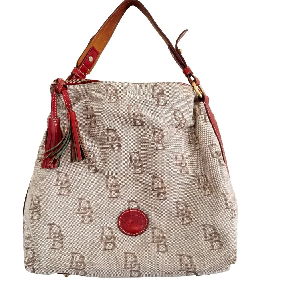 Dooney & Bourke Jacquard Logo Cream Red Tassel Hobo Bag